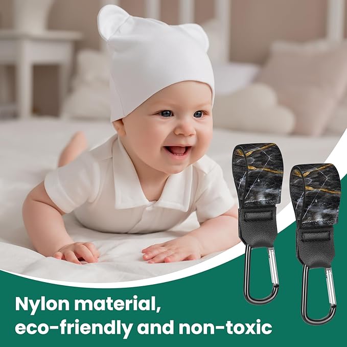 Stroller Straps, Mommy Hooks Diaper Bags, Universal Shopping cart, Wallet, Backpack - 2 Packs (Black Marble)