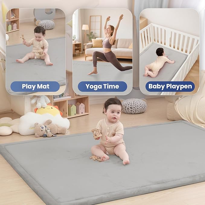 Baby Play Mat for Floor,1.3" Thick Memory Foam Tummy Time Mat for Toddlers,Infants,Kids,Soft Nursery Rug,79"×79" Extra Large Non Slip for Crawling&Yoga,Tatami Style for Living Room(Light Gray)