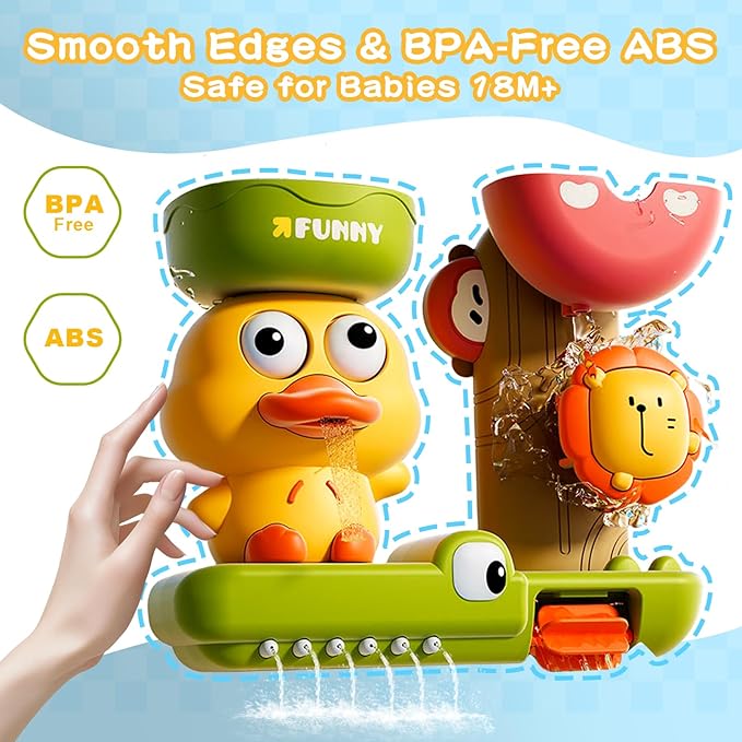 GeeKiPrime Bath Toys for Toddlers 1-3 with Scoop & Suction Cup, Interactive Duck Bathtub Toys for Bathtime Fun, Baby Bath Toy 2-4, Toddler Shower Wall Toy Boys Girls Birthday Gifts 18+ Months