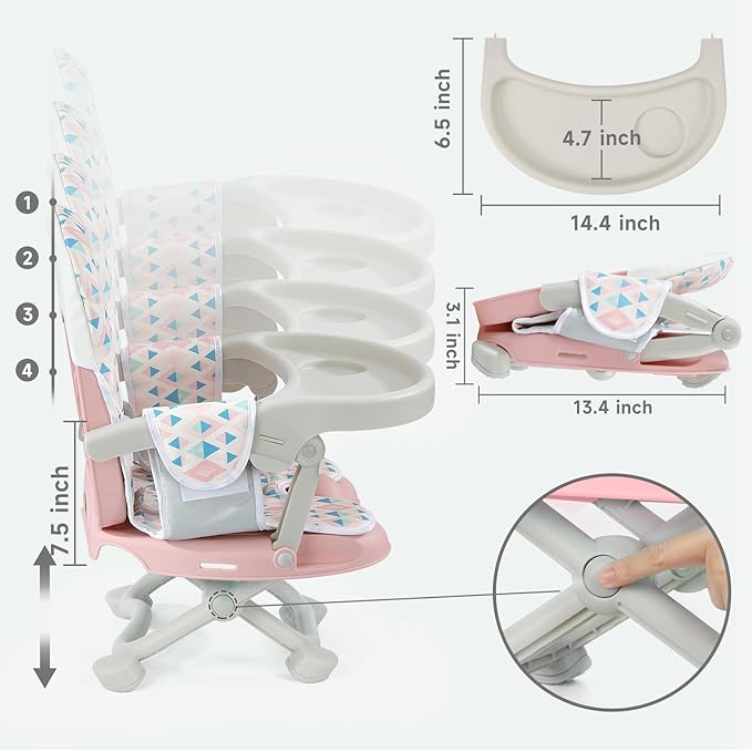 YOLEO Baby High Chair Booster Seat for Dining Table, Foldable High Chairs with Adjustable Heights, Travel Booster Seat with Removable Tray