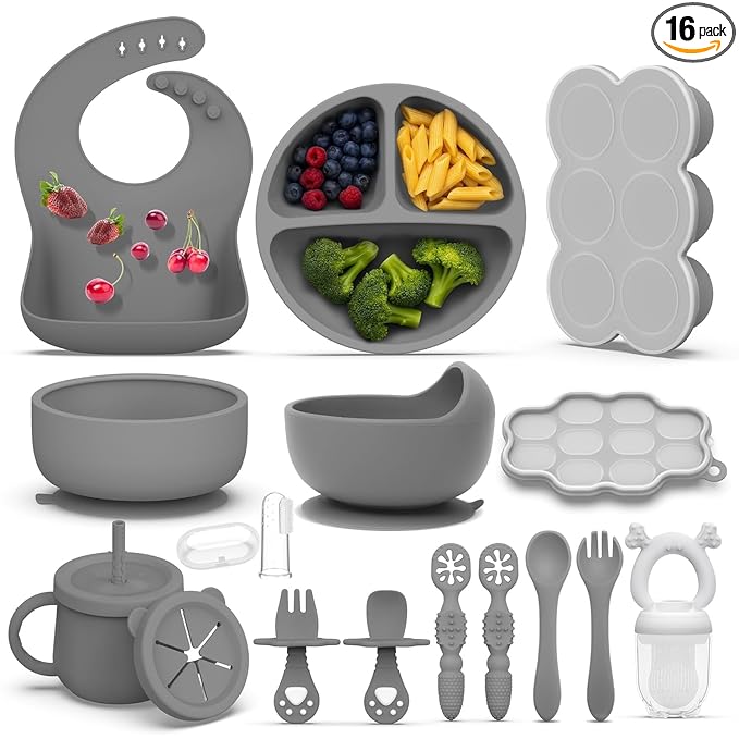 16 Pack Silicone Baby Feeding Set, BPA-Free Baby LED Weaning Supplies, Include Suction Plates, Baby Bowls, Silicone Fork & Spoon, and More, First Stage Baby Food Eating Utensils - 6+ Months(Grey,16)
