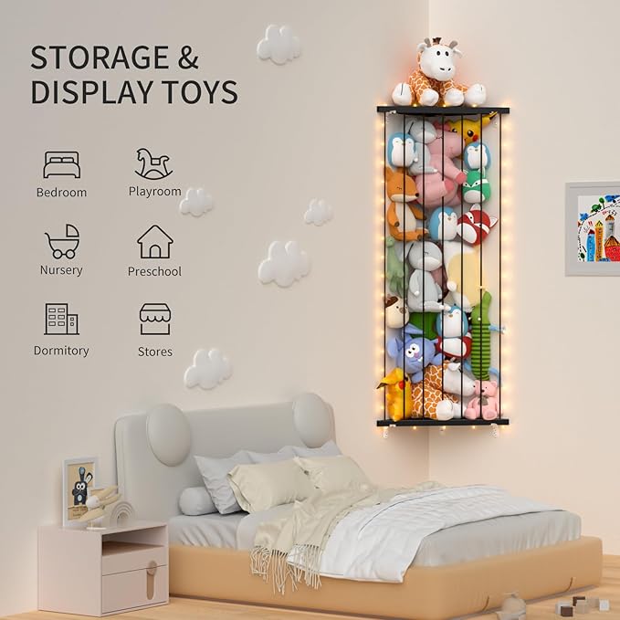 Stuffed Animal Storage Shelf Organizer(Patented) - Corner Stuffed Animal Holder Length Adjustable - Wall Plush Storage for Nursery Playroom Bedroom Kids Room (Black+Light, Standard)