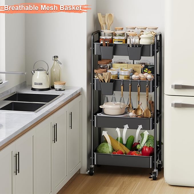 4-Tier Metal Rolling Cart with Wheels, Storage Utility Organizer Cart for Kitchen, Bathroom, Office, Baby Essentials & Makeup - Lockable Casters, Easy Assembly, Large Capacity, Black
