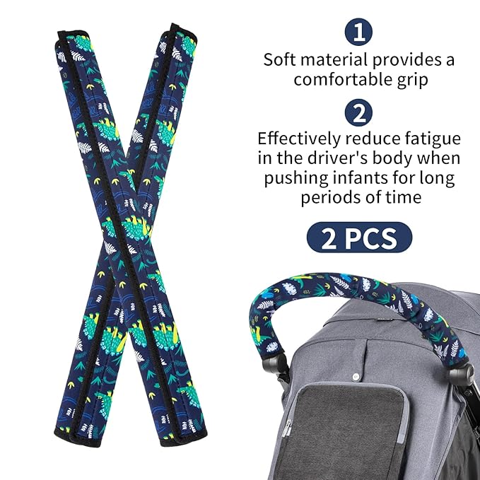 Stroller Handle Cover,Stroller Handlebar Cover,2 Pack Pushchair Armrest Sleeve Handle Protector Covers,Universal Protective Case for Pram Strollers Grip Bar,Stroller Accessories Essentials (Dinosaur)