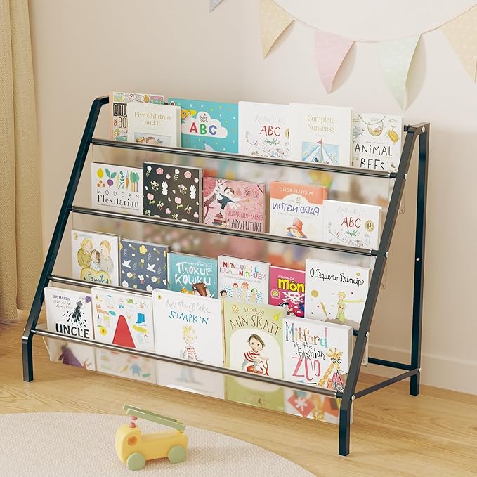 High-Transparent 4 Tier Kids Bookshelf, Sturdy Metal Large Size Book Rack Storage for Kids (Black)
