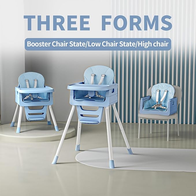 3 in 1 Convertible High Chairs for Toddlers 1-3 Baby Feeding Chair with Tray Wipeable Infant Highchair Sit Up High Chair for Babies and Toddlers with 5-Point Safety Harness & Cushion Blue