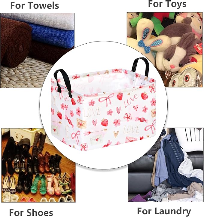 MAIZMZ Empty Gift Basket for Girls Heart Print Storage Cube for Women, Closet Shelf Waterproof Organizer Bins with Handles Nursery hamper Kids Toys Books Box Room Deco