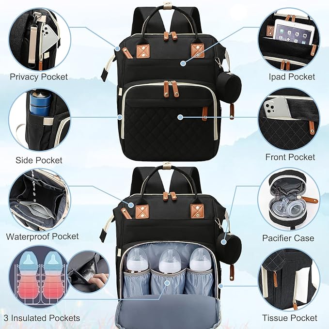 SHITIESHOU Diaper Bag Backpack Baby Bag, Baby Girl Boy Diaper Bag for Dad Mom with Pad, 16 Pockets, Pacifier Case, Large Diaper Bags Unisex for Travel (Black)