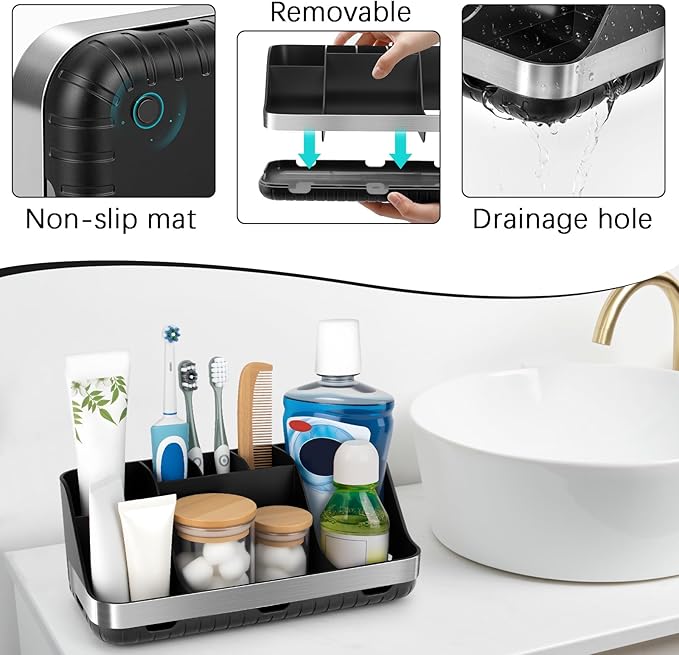 Black Toothbrush Holder - 7 Slots Bathroom Organizer Countertop with Drainage Matte Black Electric Toothbrush and Toothpaste Holder for Bathroom Accessories Sink Storage