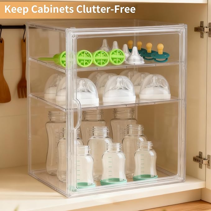 Lifelongpal Baby Bottle Organizer, 3-Tier Clear Bottle Station Organzier for Countertop Cabinet, Acrylic Storage Organizers Container with Magnetic Door for Bottles, Pacifiers, Pump Parts