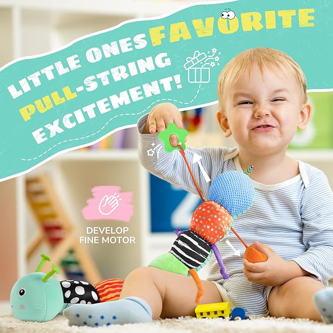 Baby Toys 6-12 Months Music Caterpillar,Stuffed Animals Infant Toys 0-3-6 Months,Teething Sensory Toys Tummy Time with Mirror Crinkle Rattle&Pull String for Boys Girls Gifts Birthday|Blue