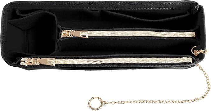Purse Organizer Insert, Handbag Organizer with Zipper, Tote Shaper with Cup Holder & Keychain, Compatible with LV, Neverfull, MK, COACH, Longchamp, Kate Spade – Black-Sl. Lg