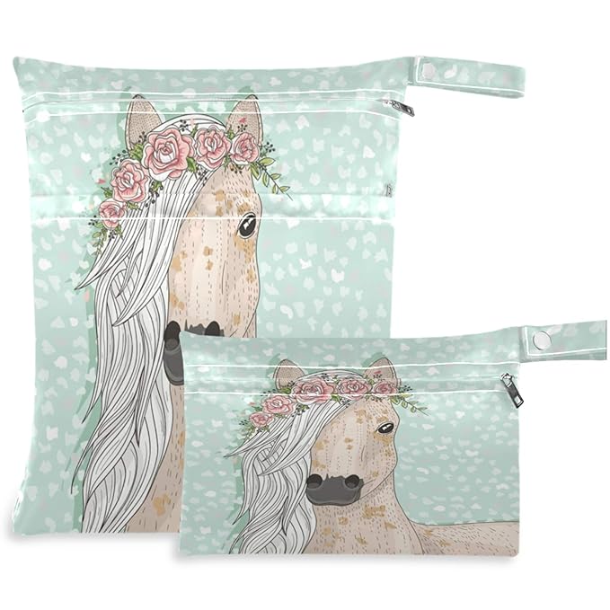 visesunny Cute Horse with Wreath Floral 2Pcs Wet Bag with Zippered Pockets Washable Reusable Roomy for Travel,Beach,Pool,Daycare,Stroller,Diapers,Dirty Gym Clothes, Wet Swimsuits, Toiletries