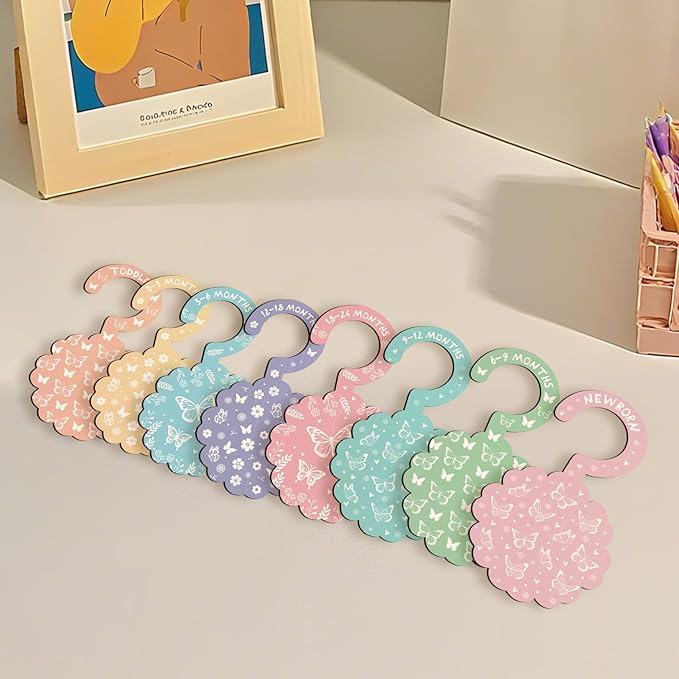 Baby Clothes Dividers for Closet - Set of 8 Wooden Baby Size Closet Dividers Newborn to 24 Months, Newborn Organizer for Girls, Floral Butterfly Baby Nursery Decor Kit Newborns Gift Baby Shower