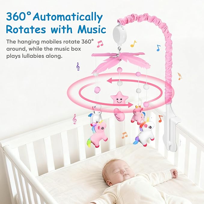Baby Crib Mobile with Rotating Music Box and 28” Mobile Arm, Unicorm Crib Mobile for Baby Girls with 6 Plush Toys 35 Lullabies, Musical Nursery Mobile, Pink Nursery Decor, Crib Toys for Infant Baby