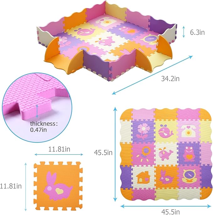 Tamiplay Foam Play Mat for Kids，25Pcs Square Interlocking Puzzle Floor Mat，Baby Play Mat Floor Mat Foam Puzzle Playmat for Toddlers with Fence - 9 Different Animal