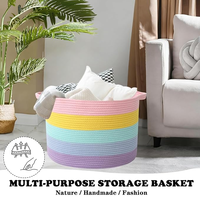 Large Storage Basket with Handle,23.6" x 23.6" x 15.7" Blanket Basket Storage Bins for Organizing,115L Cotton Rope Woven Baskets for Living Room, Nursery,Bedroom,Colorful