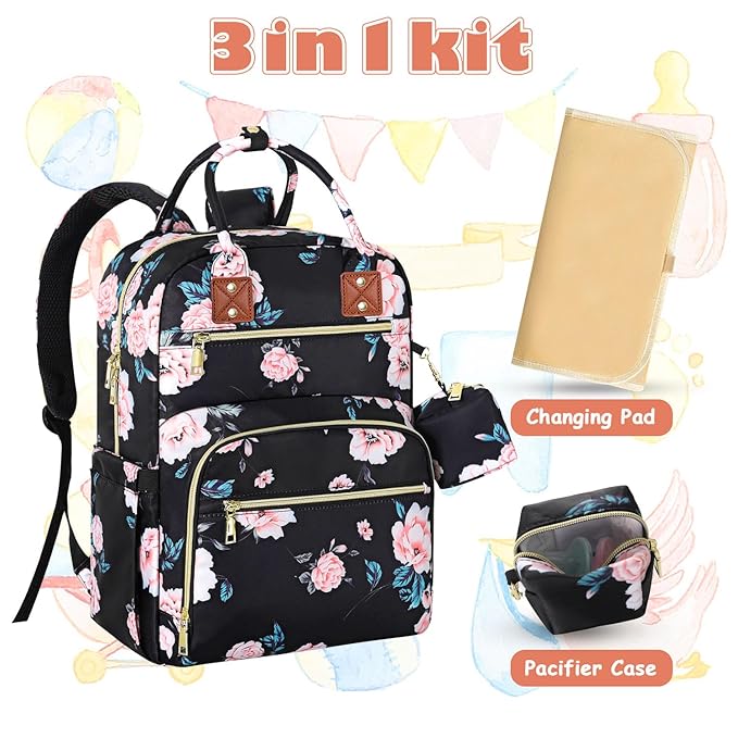 Tenot Baby Diaper Bag Backpack, Travel Diaper Bags for Girl Boy Large Capacity Baby Bag Backpack for Women Black Floral