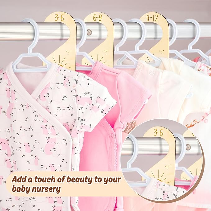 Whaline 8Pcs Baby Closet Size Dividers Wooden Baby Wardrobe Hanger Organizer Boho Sun Design Hanging Wooden Newborn to 24 Months for Home Nursery Baby Clothes Decor