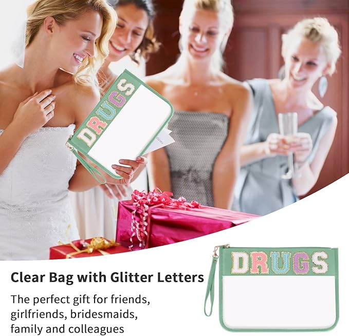 Iqimott Chenille Letter Clear Bag Drugs Pouch, Monogram PVC & PU Makeup Cosmetic Bag Zipper Toiletry Pouch, Waterproof Portable Purse Travel Beach Snack Wristlet Bags for Women Girls(Drugs,Green)
