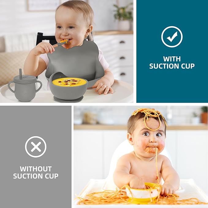 Dormlony 100% Silicone baby feeding set,BPA free Baby dishes set with Suction Bowl Divided Plate,Toddler Self Feeding Dish Set with Spoons Forks Sippy Cup And Bib, Baby Eating Utensils (Light Brown)
