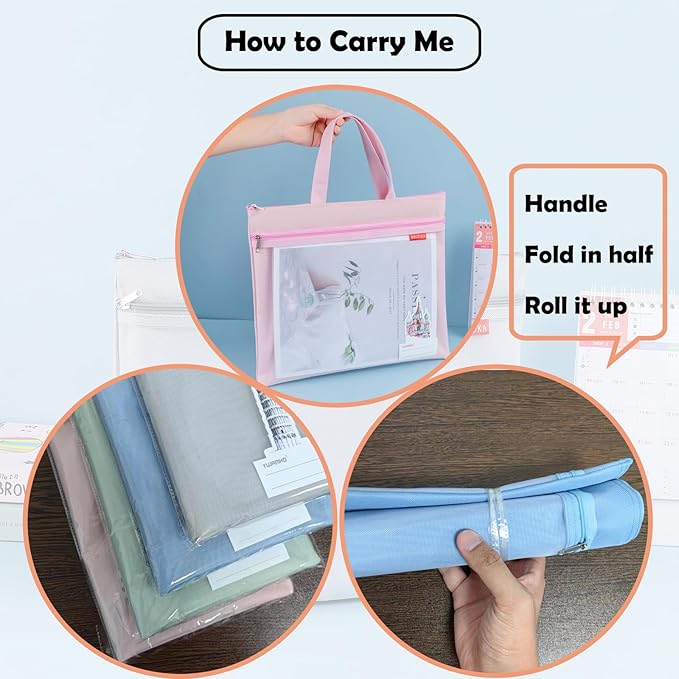 BRZUKA Mesh Zipper Pouch 11x13.7 in, A4 Double Pocket Waterproof File Bag with Handle, Document Storage for School/Travel/Office/Cross Stitch/Puzzle (Pink)