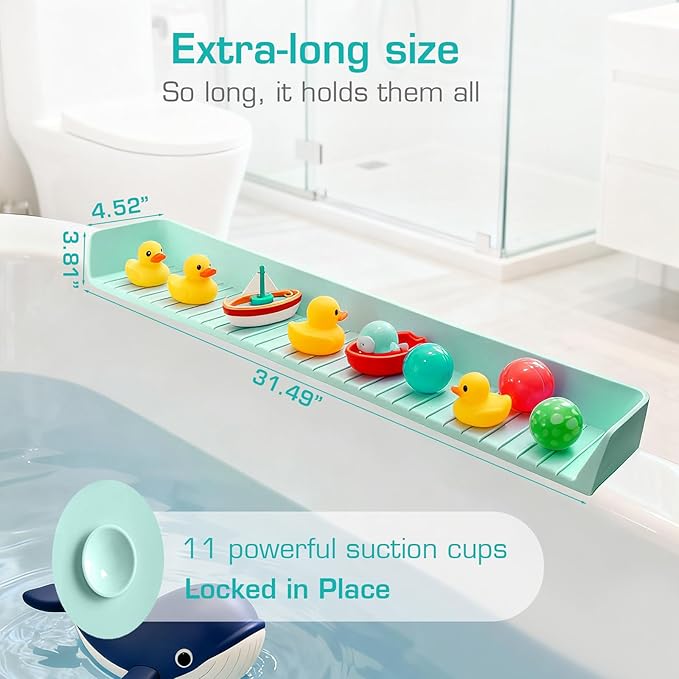 31.5" Bathtub Splash Guard for Kids & Toddlers - Silicone Play Shelf & Toy Storage Tray with Strong Suction Cups to Prevent Water Spills, No-Leak Fun Bath Time - Tub Toy Holder Ledge,Green