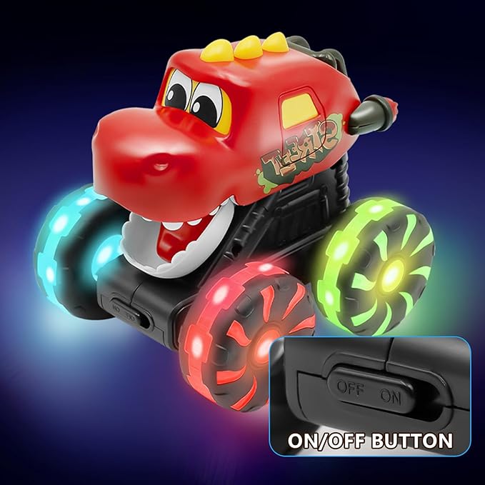 Intoypad Red Chomping Dino Monster Truck Toy – Press and Go Car with LED Light Wheels – Light-Up Push Car for Toddlers Boys Girls Ages 2 3 4 5 – Dinosaur Toy with Moving Mouth Action