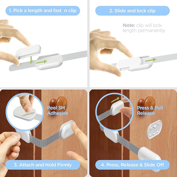 Baby Proofing Straps Locks, (12 pack) Child Safety Locks for Cabinet, Drawers, Fridge, Dishwasher, Cupboard, Toilet Seat, Oven, Trash Can, The Fastest and Easiest Install of Childproof Lock
