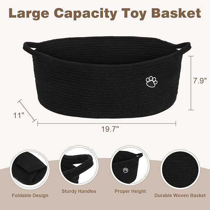 Dog Toy Basket, Toy Box and Bin for Dog Cat Storage, 19.7" X 11" X 7.9" (30L) Large Woven Rope Basket for Blanket Storage, Living Room, Bedroom, Bedroom, Black