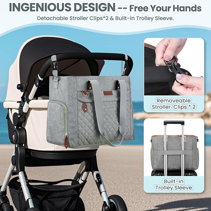 Pritent Diaper Bag Tote for Working Mom, Large Travel Diaper Tote for Mom and Dad with 14 Inch Laptop Sleeve, Mommy Maternity Travel Baby Bag for Boys and Girls, Grey