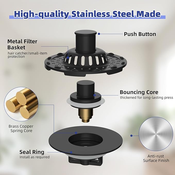 Universal Bathtub Drain Stopper Shower Drain Hair Catcher, Tub Stopper with Visible Top Strainer, Upgraded 3 in 1 Pop-up Drain Plug Fit for 1.5 to 2.4" Hole, Stainless Steel Filter Basket, Matte Black