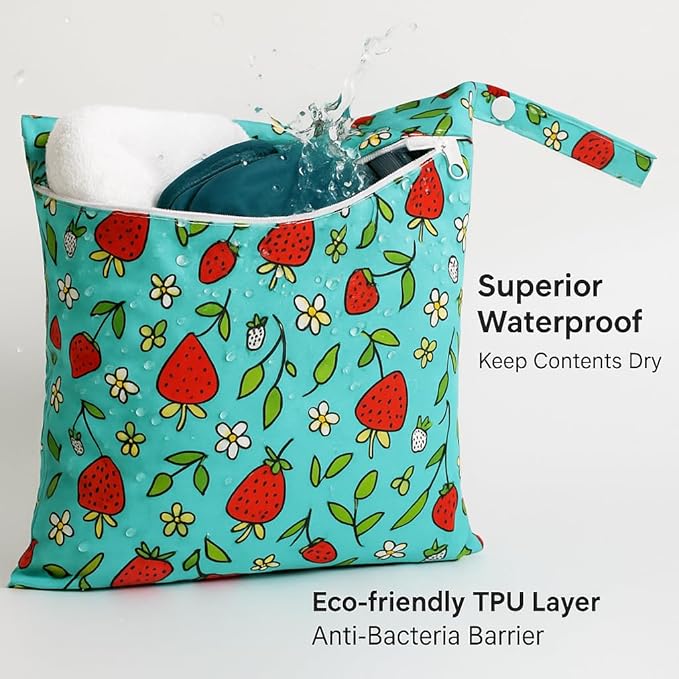 FANALALA Waterproof Wet Dry Bag, Reusable Diaper Pouch with Zipper, Machine Washable Travel Organizer for Beach, Daycare, Kids, Dinosaur Pattern (Strawberry)