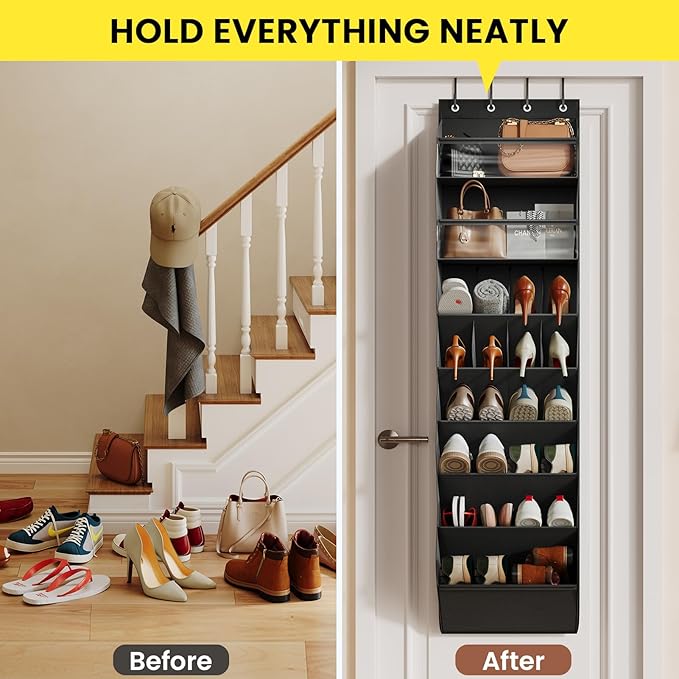 Mefirt 8 Tier Clear Over the Door Shoe Organizer with Deep Pockets, Door Shoes Rack with hard Cardboard and Tubes to Keep the Shape, Hanging Shoe Rack for Closet Organizers, Shoe Holder Black