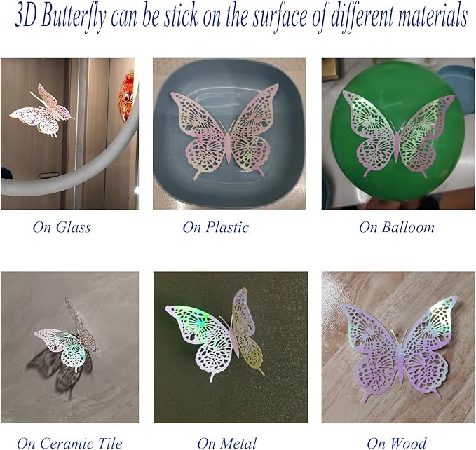 JOSDIOX 3D Laser Pink Butterfly Wall Stickers - 48 Pcs with 4 Styles & 3 Sizes, Removable Decor for Party Birthday Wedding Cake Balloon Decoration(48 Laser Pink)
