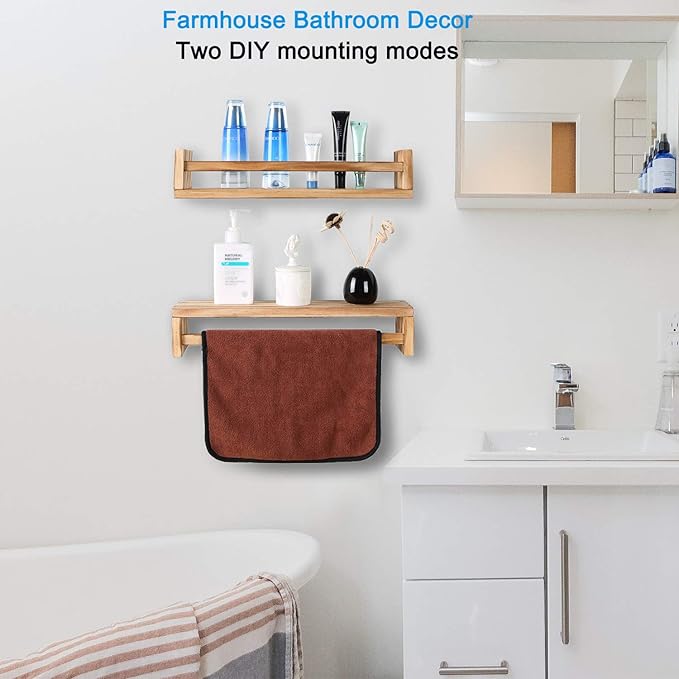 Nursery Book Shelves, Set of 2 Wood Floating Book Shelves for Kids Room, Kitchen Spice Rack, or Rustic Wall Mounted Shelves for Farmhouse Bathroom Décor (carbonized)