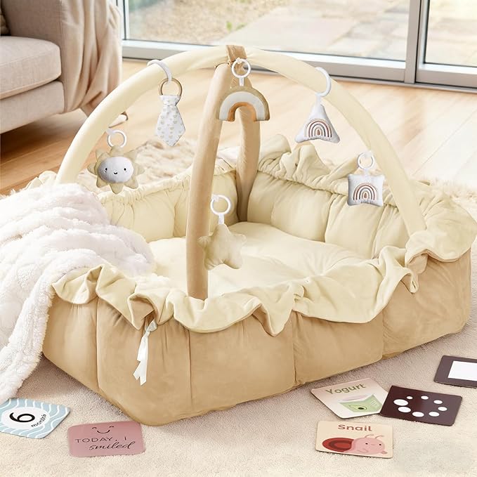 Mallify 5-in-1 Plush Baby Play Gym, Baby Play Mat, Convertible Baby Gym with Blanket and 6 Toys, Tummy time mat, Baby Activity Center from Newborn to Toddler, Baby Gym, Baby Newborn Essentials,Cream