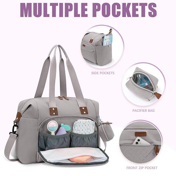 Tuwubi Diaper Bag Tote,Baby Diaper Bag with Pacifier Case Large Travel Diaper Tote Caddy for Mom and Dad Multifunction Baby Bag - M-Light Khaki