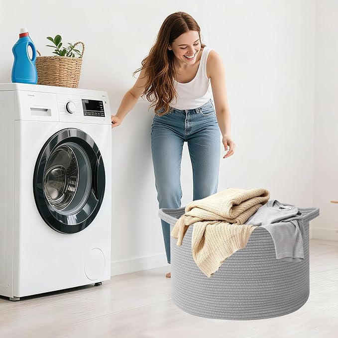 90L Large Blanket Basket,21.7"L x 21.7"W x 13.8"H Rope Woven Baskets with Handles, Toys Storage Bins,Laundry Basket Perfect for Living Room, Nursery,Bedroom,Home Organization,Light Gry