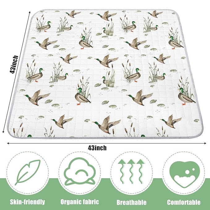 Funtery 43 x 43 Inch Mallard Duck Baby Playmat Portable Crawling Washable Foldable Tummy Time Non Slip Baby Floor Large Playpen Mat for Infants Toddlers Floor Playpen Activity