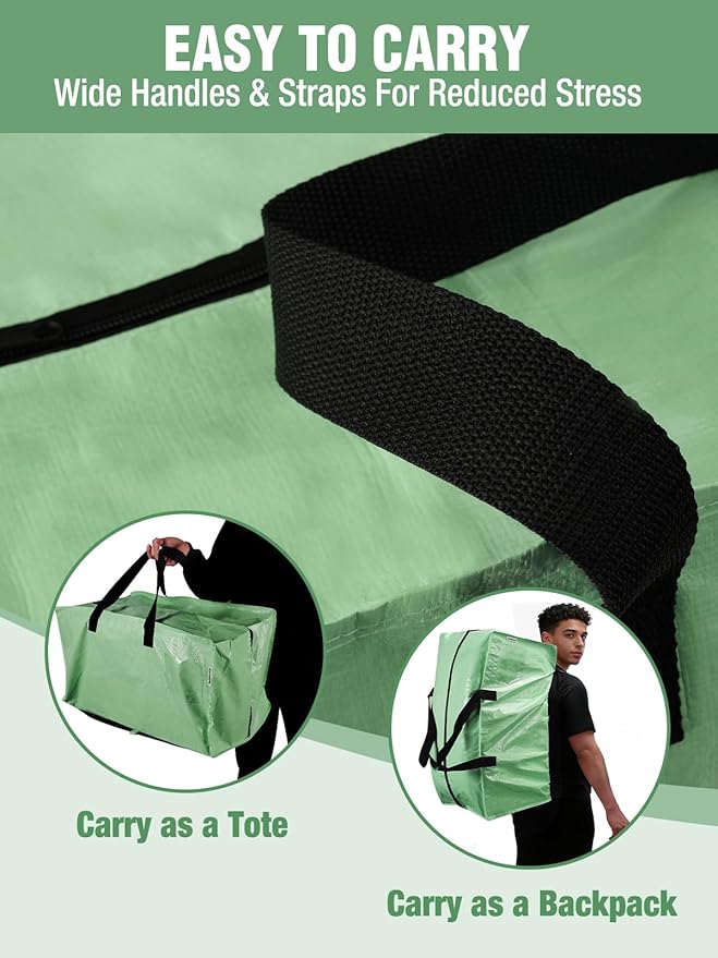 WORKPRO 4 Pack Extra Large Moving Bags with Zippers & Carrying Handles Backpack Straps, Heavy-Duty Storage Tote for Space Saving & Storage, Alternative to Moving Box (Green)
