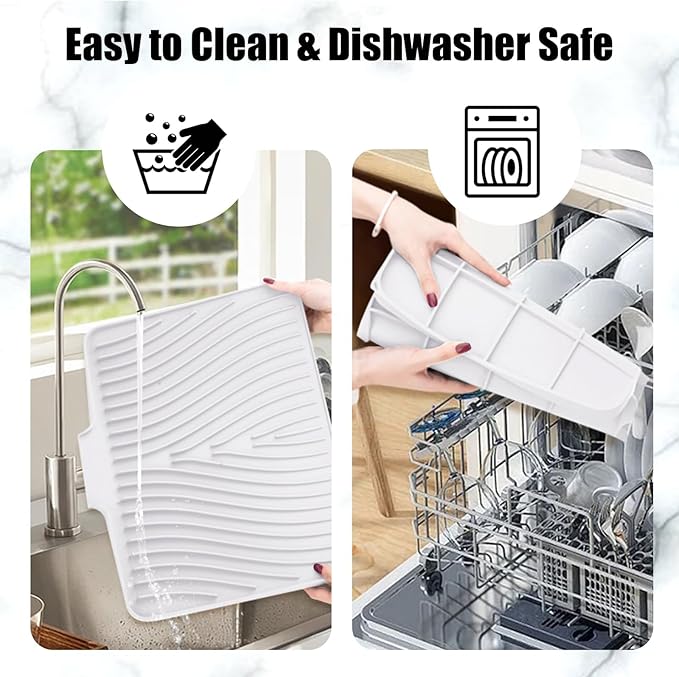 Silicone Dish Drying Mat for Kitchen Counter, Non-Slip Drain Pad with Built-in Drain, Dish Drying Pad, Large Heat Resistant Stone Drying Mat(White 16" x 12")