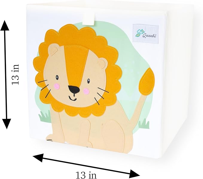Queebi Storage Cube- Organizer for Nursery, Playroom, Bedroom, Closet. Foldable Box 13x13x13 inches. Children's Toy Box, Diaper Caddy, Clothing Basket, Book Bin, Baby Essentials & Gift (Lion)