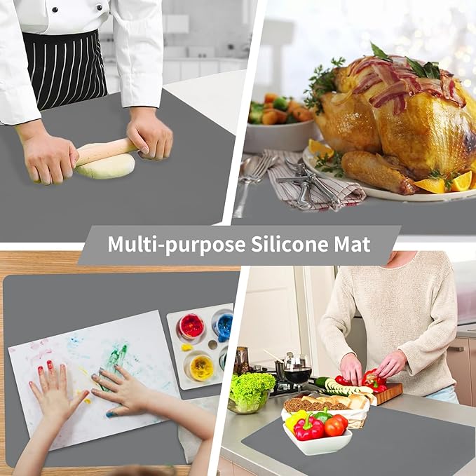 Extra Large Silicone Table Mat, Genuine Food-Grade Silicone Mat for Crafts Kids Dinner Placemat Desk Countertop Waterproof Protector Heat Insulation Kitchen Pastry Rolling Dough Pad (Dark Gray)