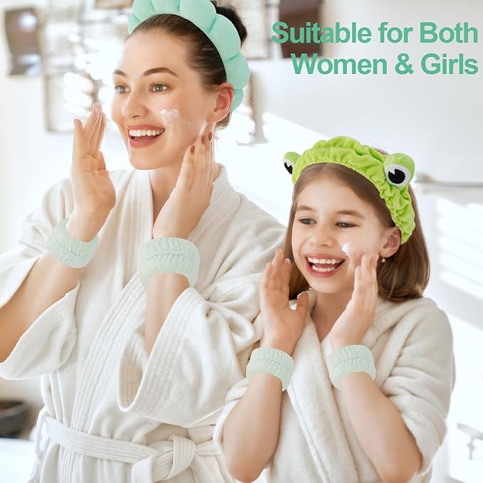 Canitor Spa Headband Wrist Bands with Hair Clips Green Frog Makeup Skincare for Washing Face Skin Care Preppy Teen Girl Gifts Cute Trendy Stuff Hair Accessories for Women