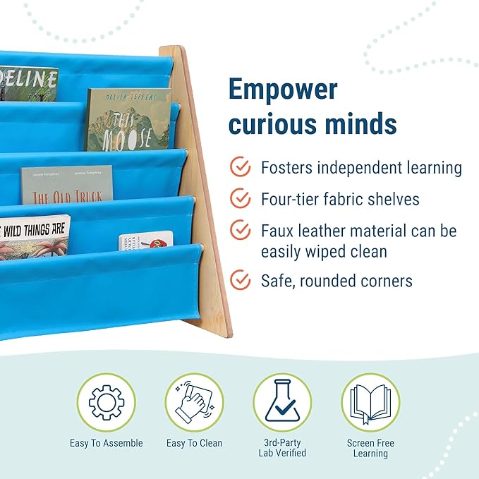 Wildkin Vegan Leather Sling Bookshelf for Kids – Premium Easy Clean Sling Canvas Design with 4 Fabric Shelves, Organizer for Home or Classroom - Natural w/Blue