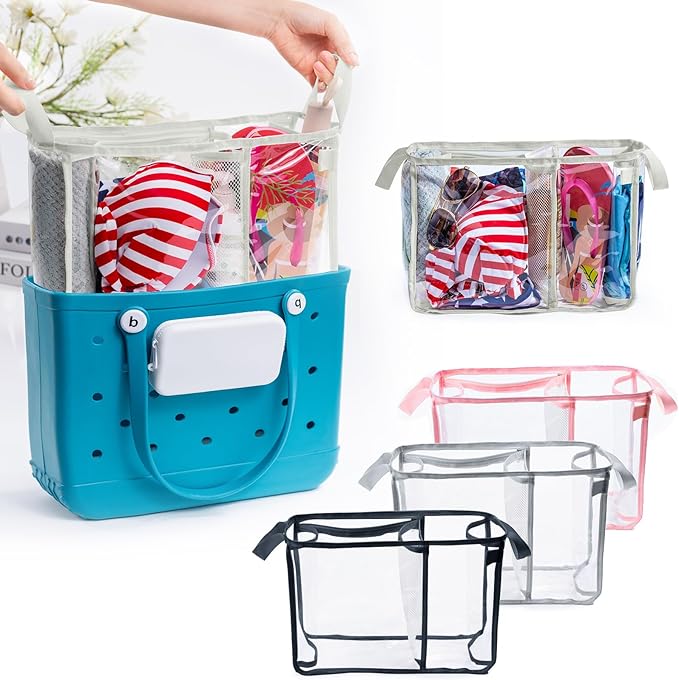 Clear Beach Bag Organizer Insert with 3pcs Accessories for Medium Bogg Bag Inserts -Beach Tote Bag Divider with Sunglasses Holder, Phone Holder and Clips Hooks - Beach Tote Insert Organizer Liner