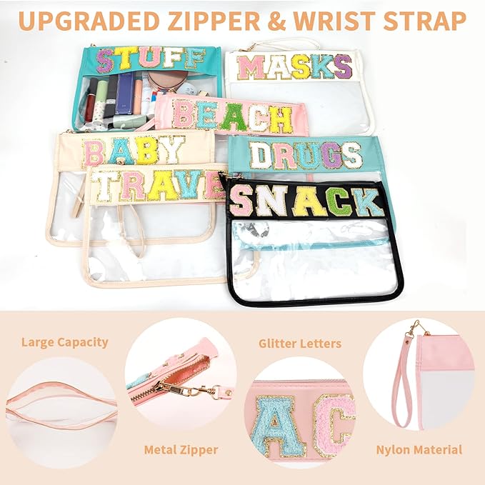 Iqimott Snack Bag Monogram Clear Letter Flat Pouch, Chenille Glitter Letter Patch Makeup Cosmetic Bag Zipper Toiletry Pouch, Portable Travel Beach Wristlet Bags for Women Girls(Snack, Pink)