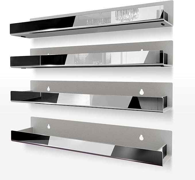 RORKIM 4 Pack 15 Inch Black Reflective Acrylic Shelves, Black Floating Shelves, Modern Sunglasses Essential Oil Picture Ledge Display Toy Storage Shelf