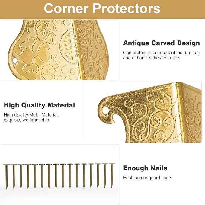 4 Pcs Baseboard Corner Protectors,Vintage Metal Skirting Board Corner Protectors for File Boxes,Bookshelves,Wooden Cases,Jewel Cases Decorative (Gold)